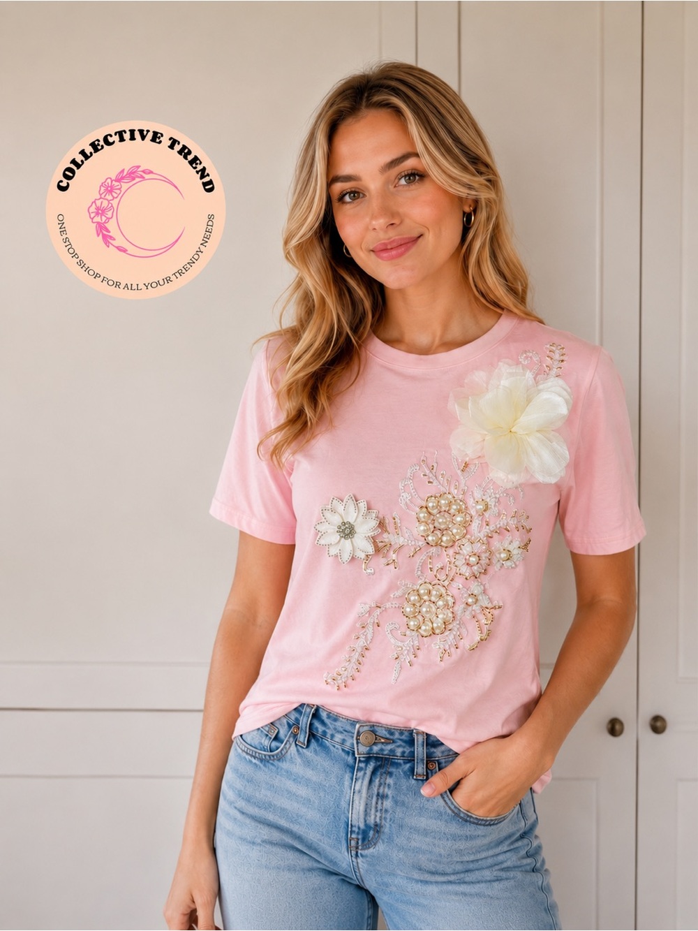 Pink Embellished Floral Tee